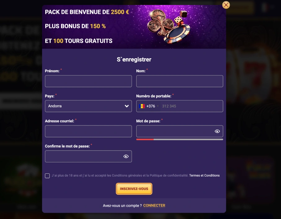 Formulaire d'inscription à PlayRegal
